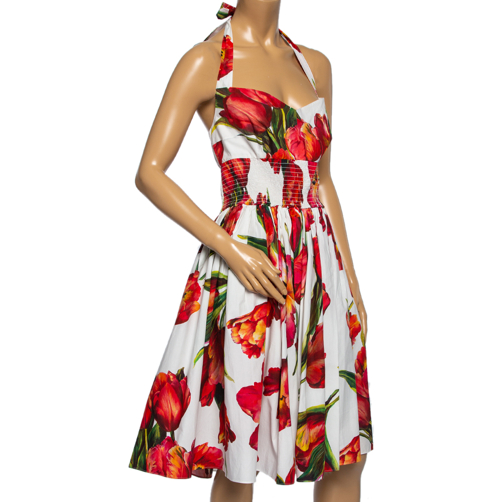 

Dolce & Gabbana White & Red Tulip Printed Halter Neck Dress