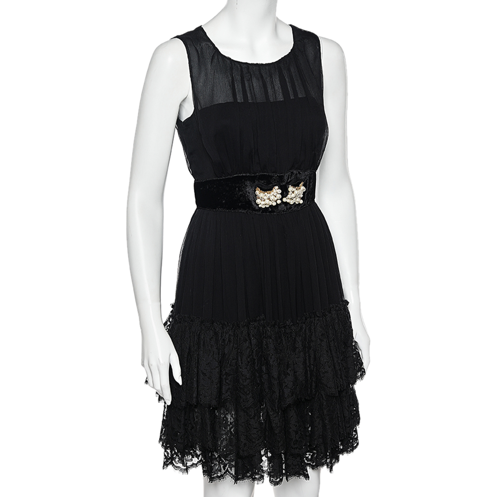 

Dolce & Gabbana Black Silk & Lace Trimmed Embellish Detailed Dress