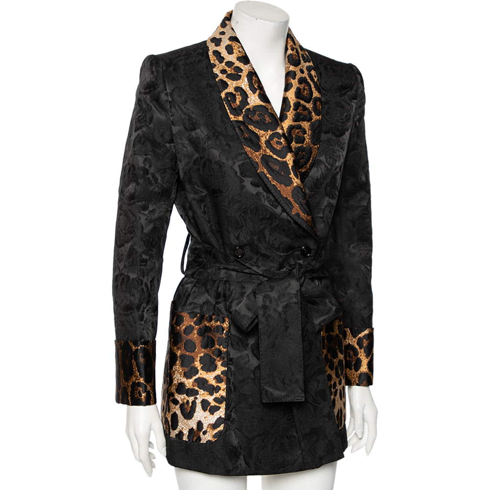 

Dolce & Gabbana Black & Leopard Print Trimmed Jacquard Belted Coat