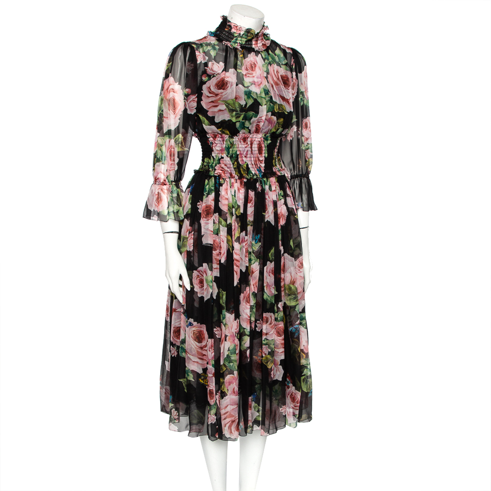 

Dolce & Gabbana Black & Prink Rose Printed Silk Smocked Midi Dress