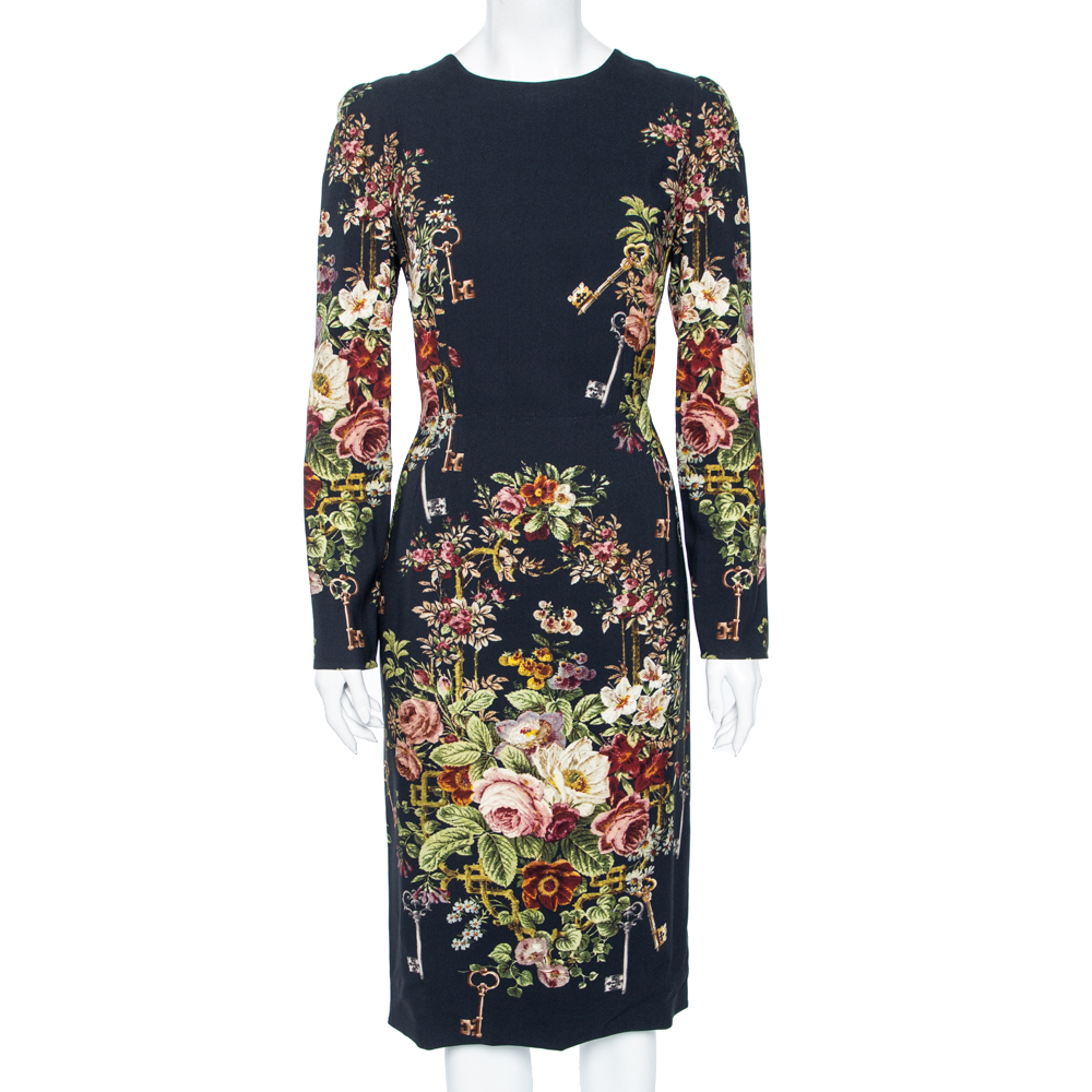 Pre-owned Dolce & Gabbana Black Floral Printed Crepe Long Sleeve Dress L