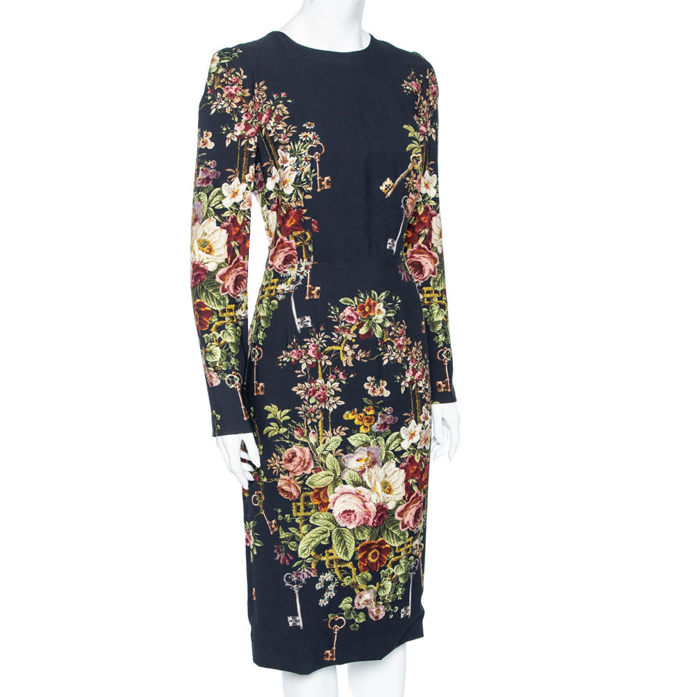 

Dolce & Gabbana Black Floral Printed Crepe Long Sleeve Dress