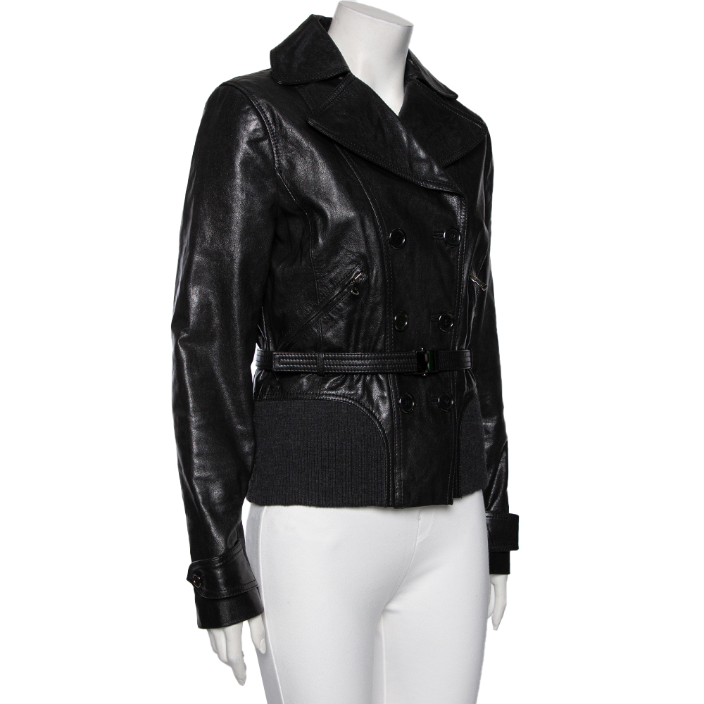 

Dolce & Gabbana Black Leather Double Breasted Belted Jacket