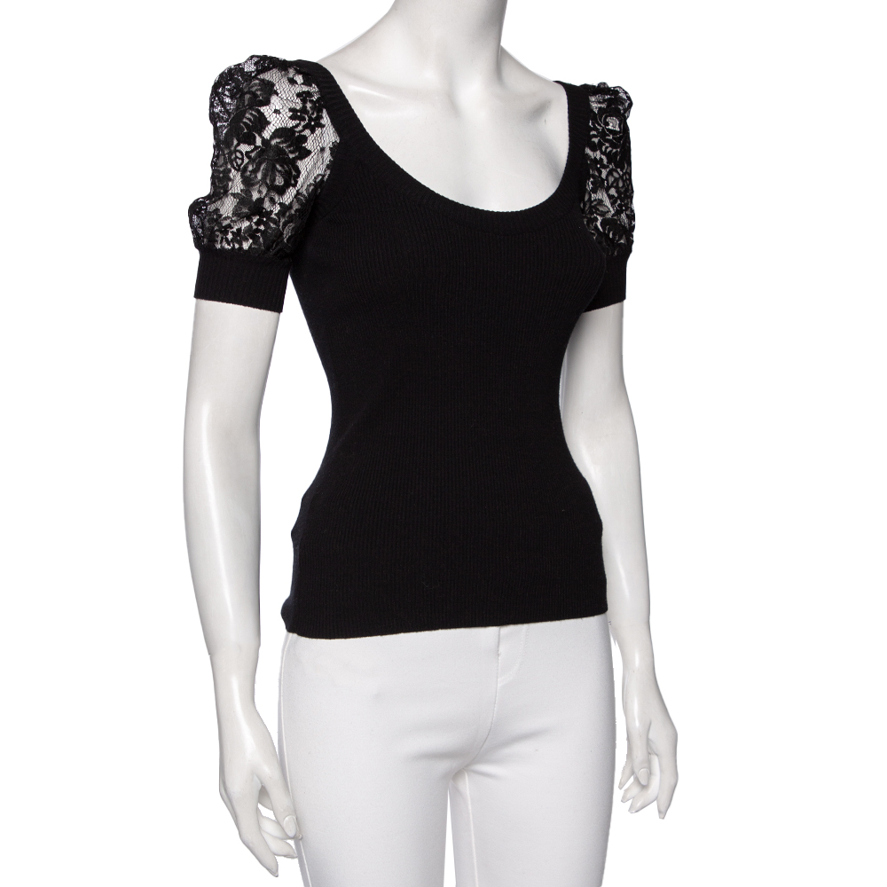 

Dolce & Gabbana Black Knit & Lace Puffed Sleeve Top