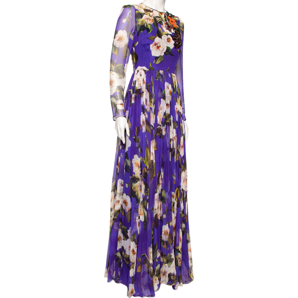 

Dolce & Gabbana Blue Floral Printed Silk & Embellished Detailed Gown