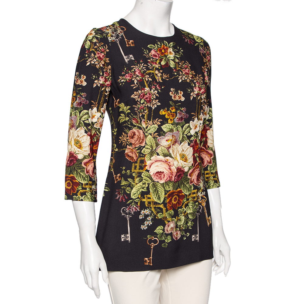 

Dolce & Gabbana Black Key and Floral Print Crepe Long Sleeve Top