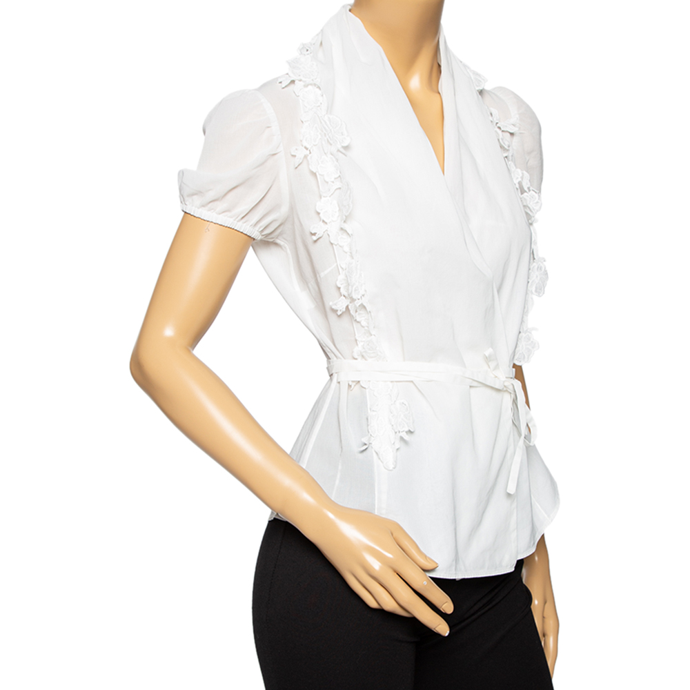 

Dolce & Gabbana White Cotton Lace Trim Shawl Collar Top