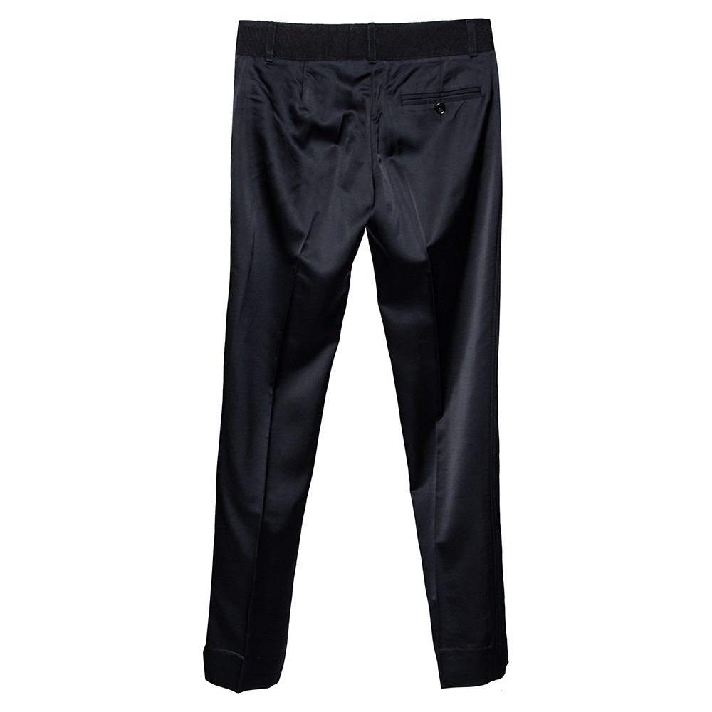 

Dolce & Gabbana Black Wool Satin Contrast Waistband Detail Tapered Leg Pants