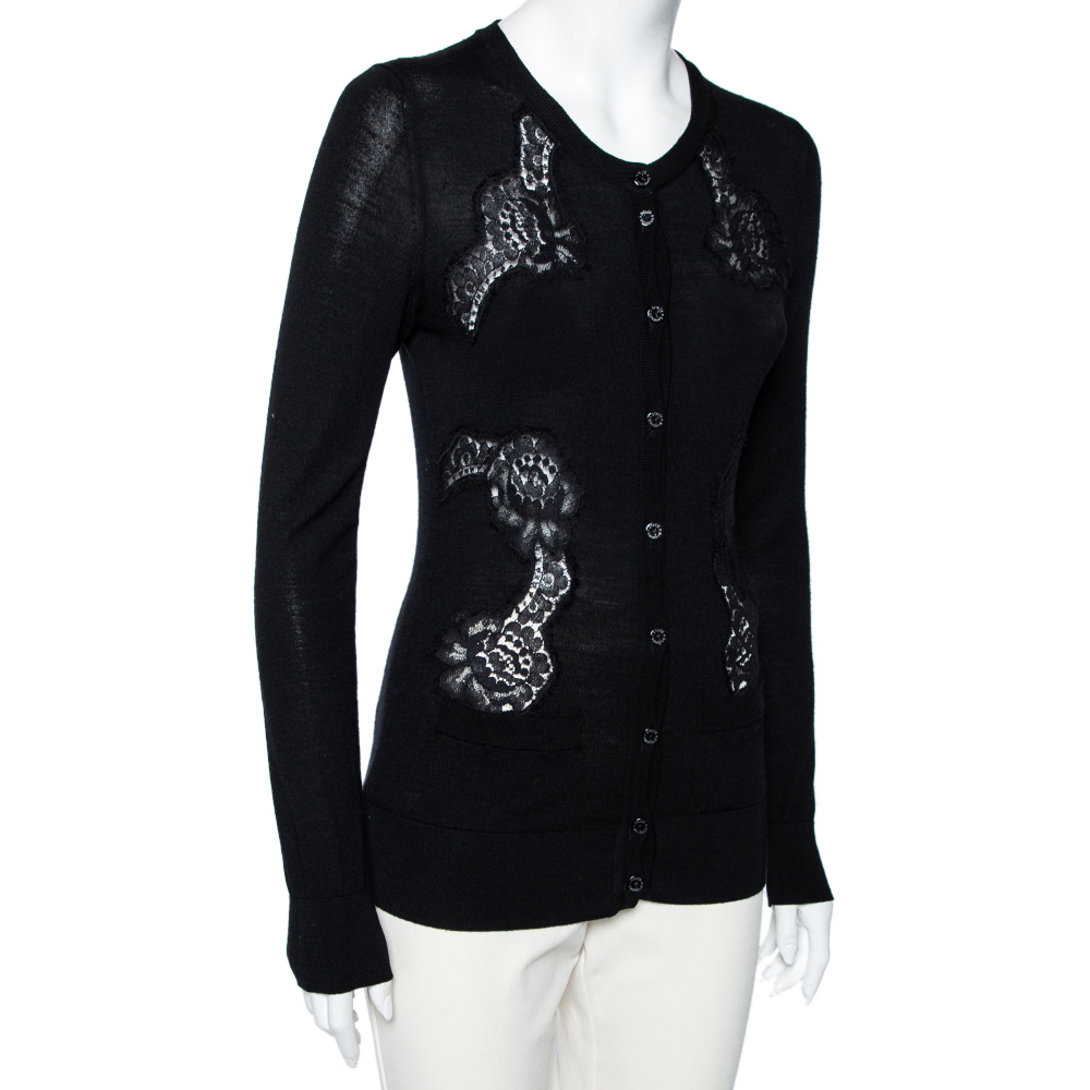 

Dolce & Gabbana Black Knit & Lace Inset Button Front Cardigan