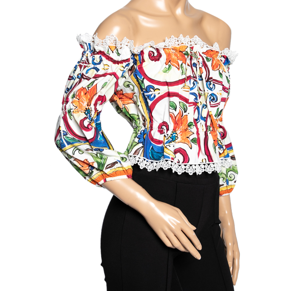 

Dolce & Gabbana Multicolored Printed Cotton & Lace Trimmed Cropped Top, Multicolor