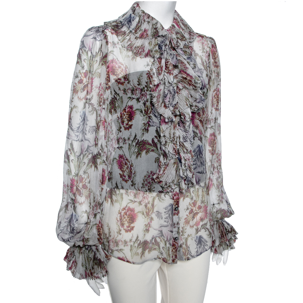 

Dolce & Gabbana Floral Printed Silk Chiffon Pleated Blouse, Grey