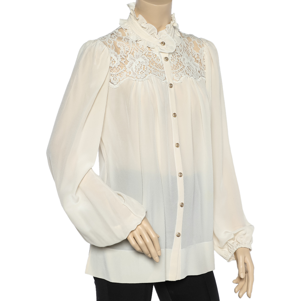 

Dolce & Gabbana Cream Silk & Lace Paneled Ruffled Neck Shirt