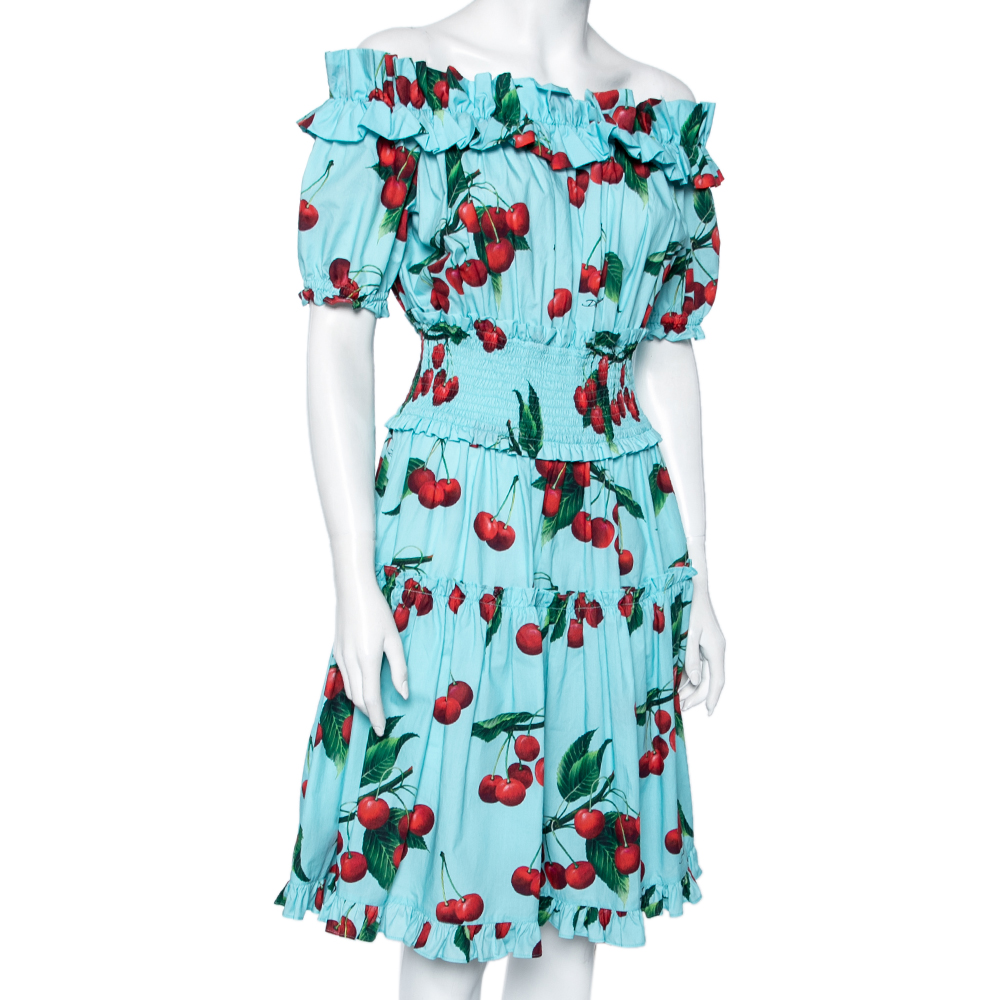 

Dolce & Gabbana Exclusive Blue Cherry Print Cotton Ruffled Off-Shoulder Dress