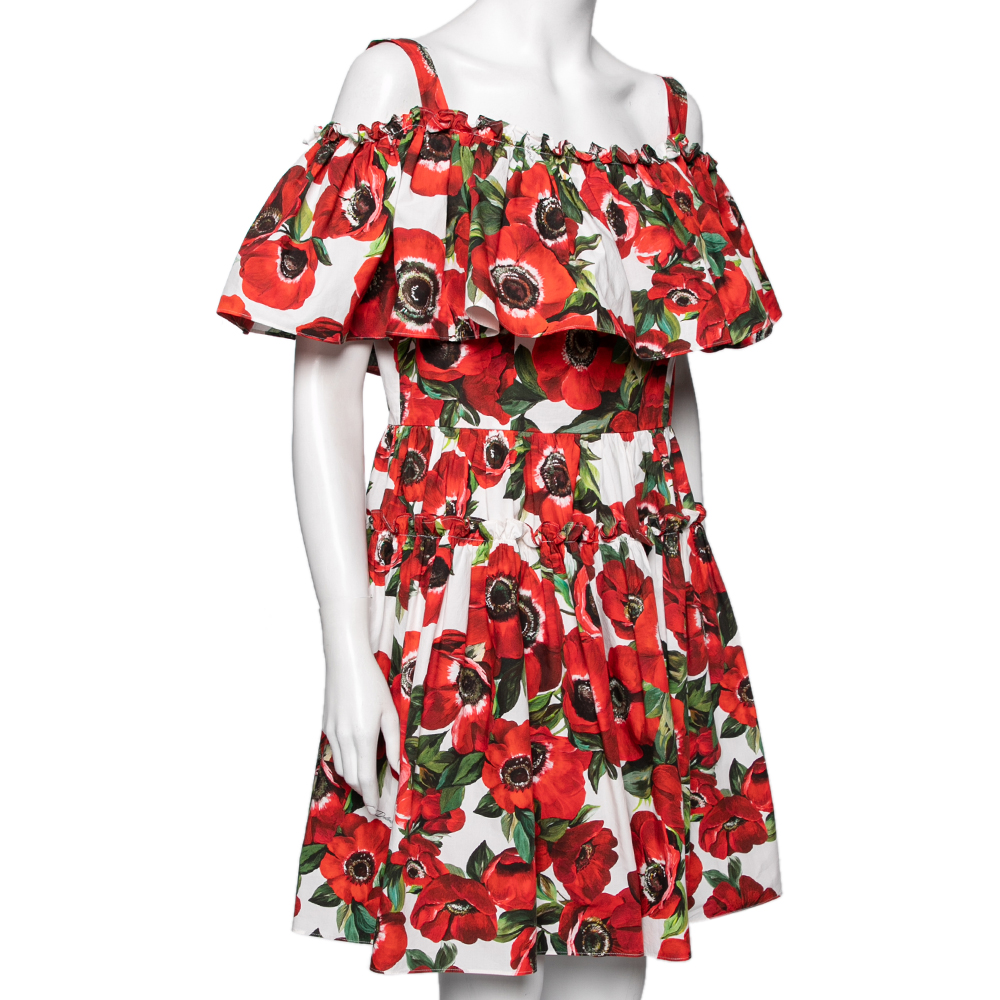 

Dolce & Gabbana Red Floral Printed Cotton Ruffled Off Shoulder Mini Dress