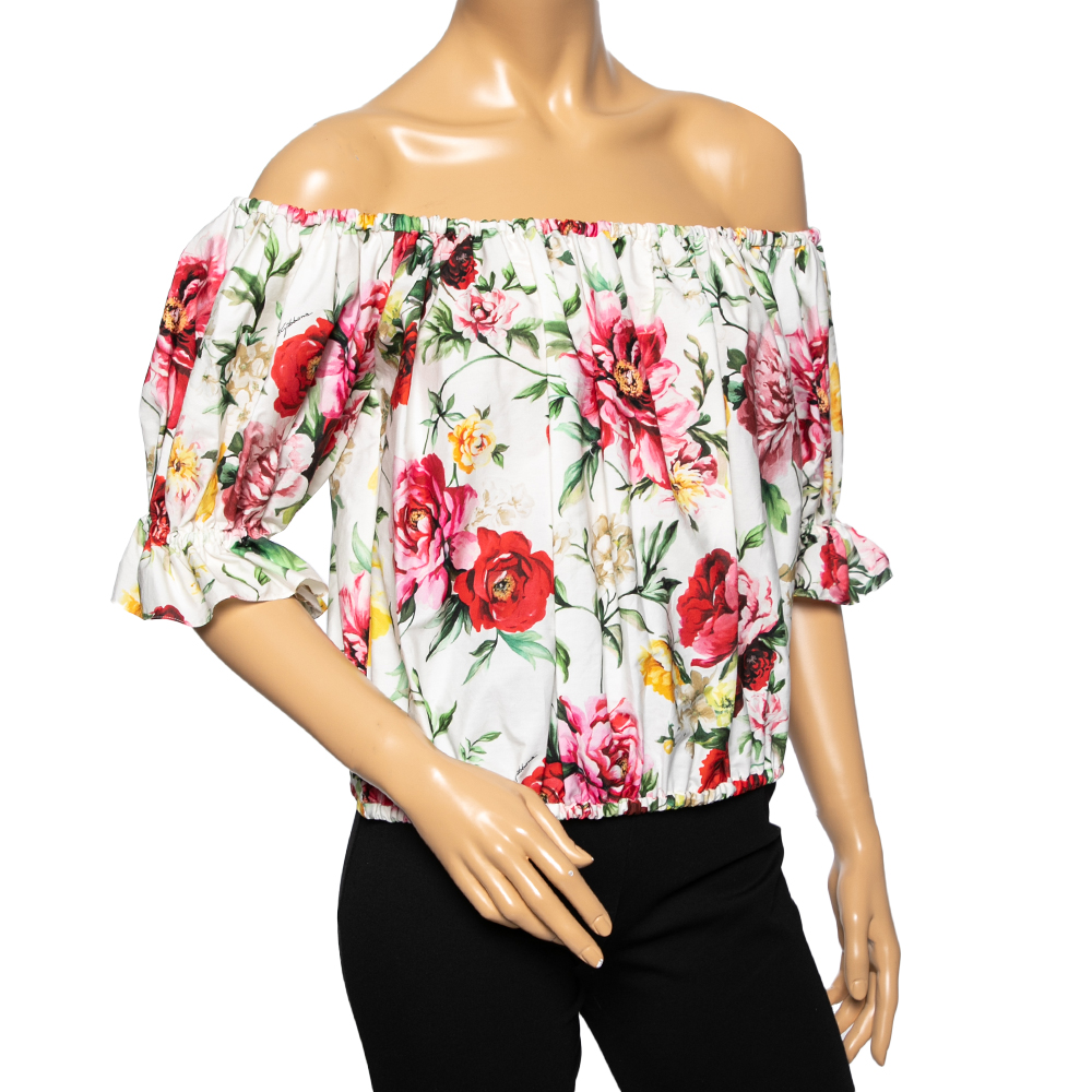 

Dolce & Gabbana White Floral Printed Cotton Off-Shoulder Top