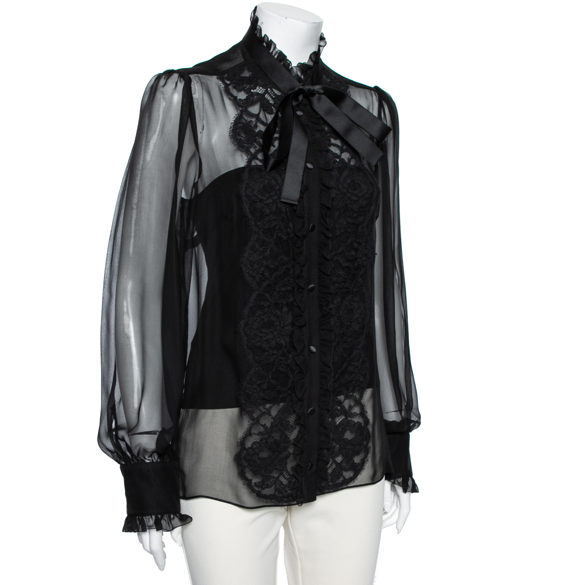 

Dolce & Gabbana Black Silk & Lace Ruffle Trimmed Button Front Shirt