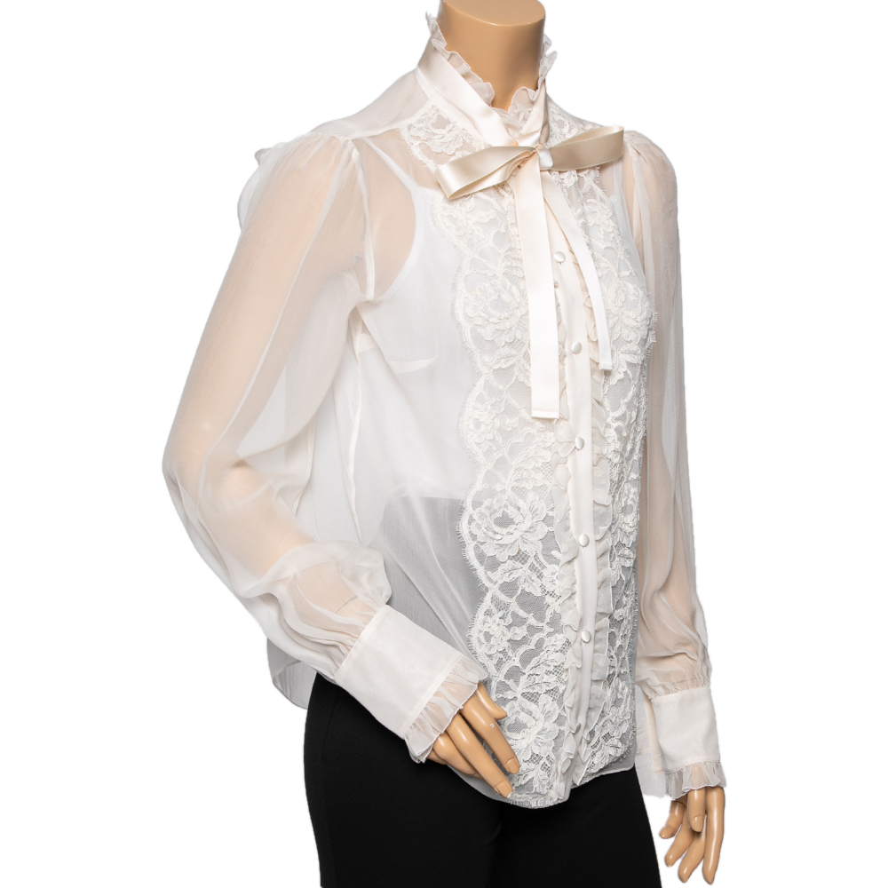 

Dolce & Gabbana White Silk & Lace Ruffle Trimmed Button Front Shirt