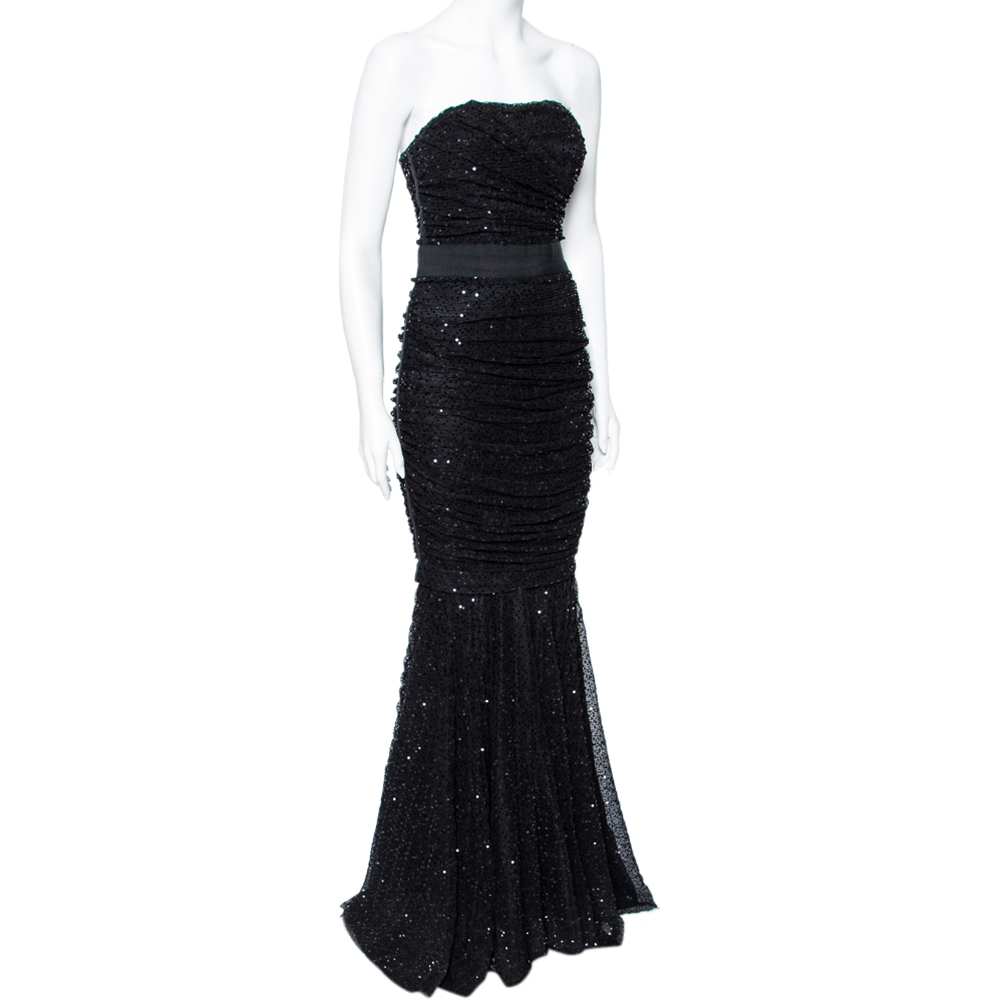 

Dolce and Gabbana Black Sequin Embellished Tulle Ruched Strapless Gown