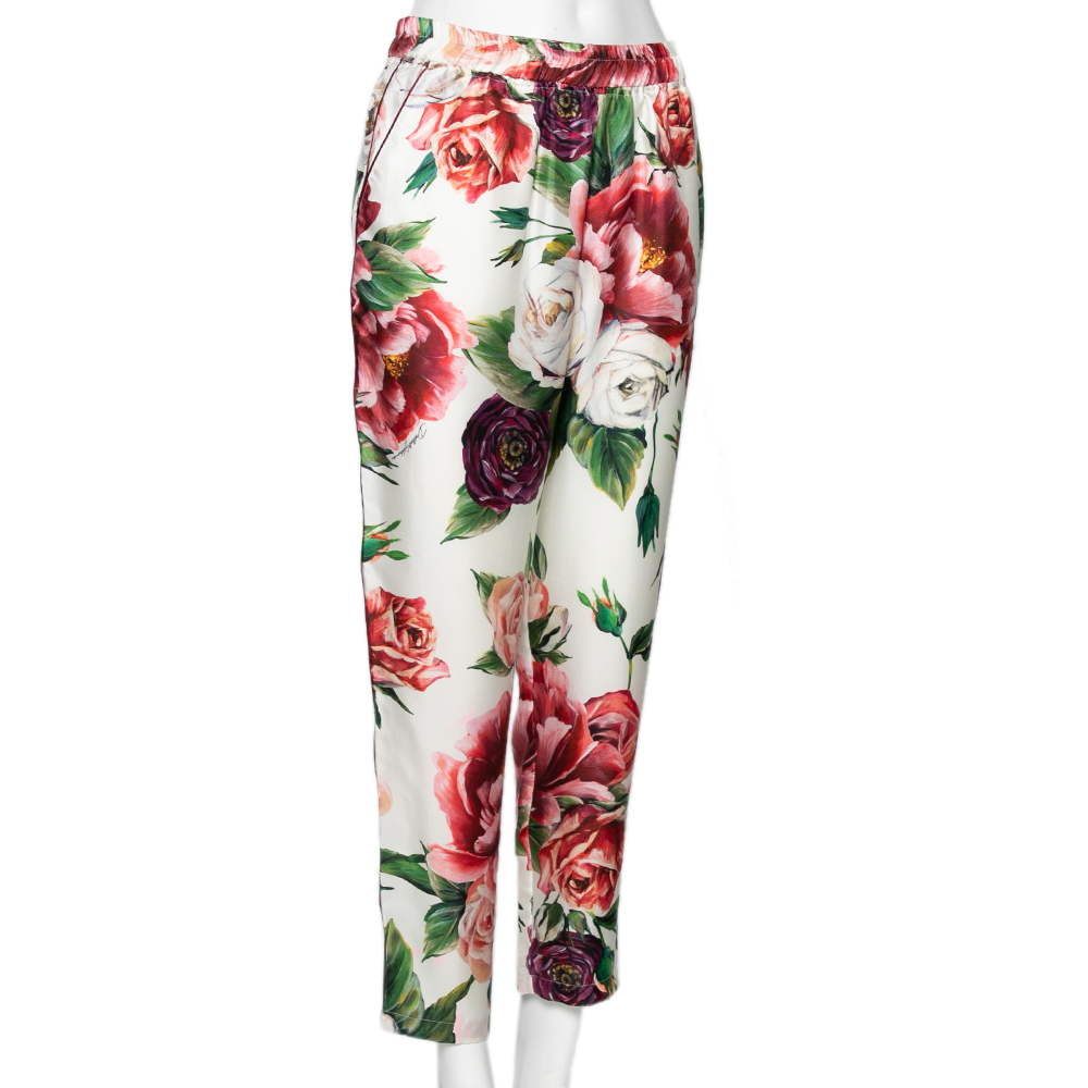 

Dolce & Gabbana White Floral Printed Silk Twill Tapered Pants