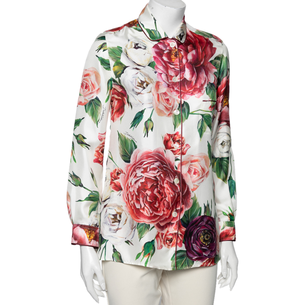 

Dolce & Gabbana White Floral Printed Silk Twill Button Front Shirt