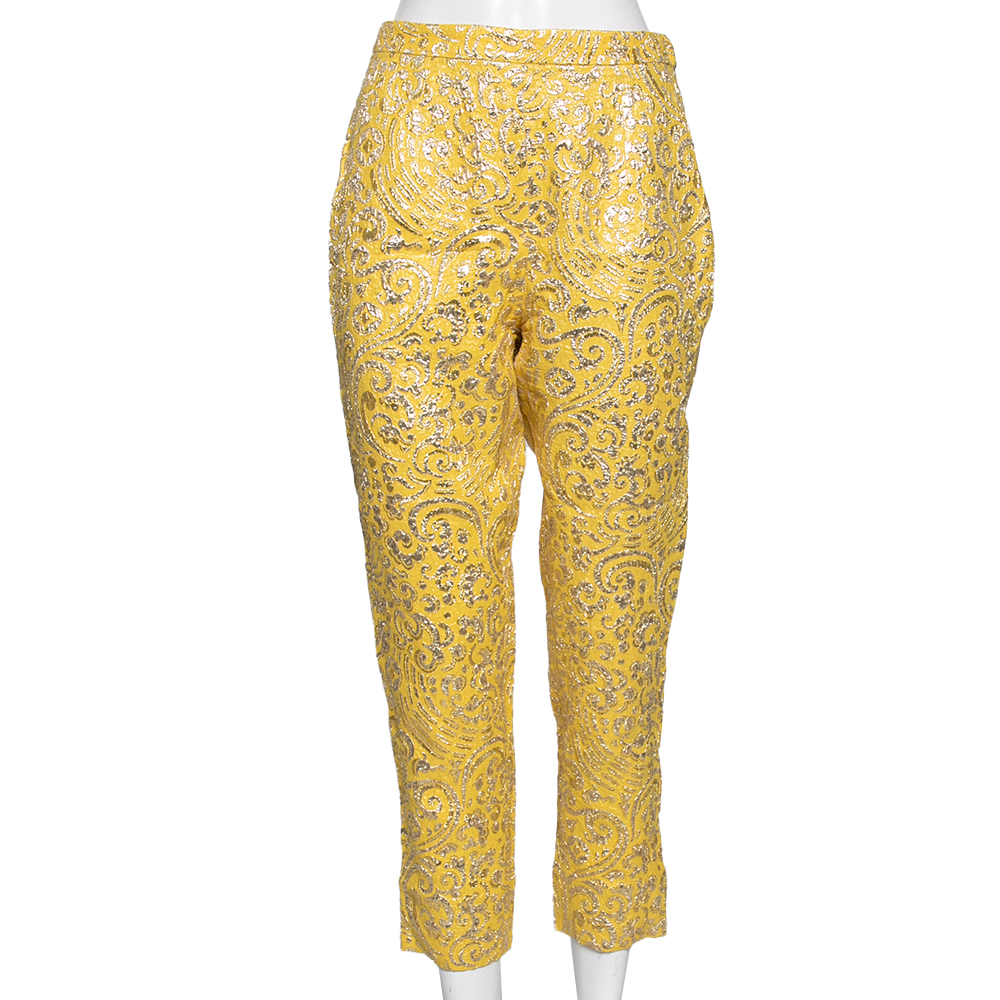 

Dolce & Gabbana Yellow Lurex Floral Jacquard Cropped Pants S