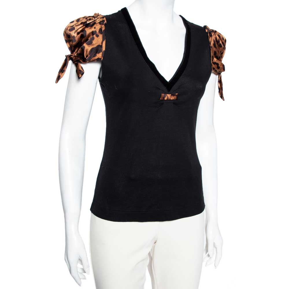 

Dolce & Gabbana Black Satin & Animal Printed Satin V-Neck T-Shirt