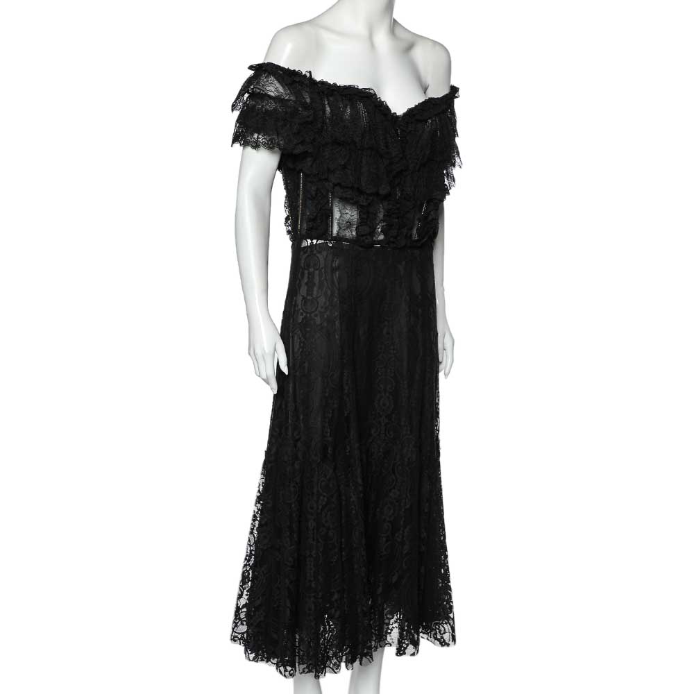 

Dolce & Gabbana Black Lace Ruffled Off Shoulder Midi Dress