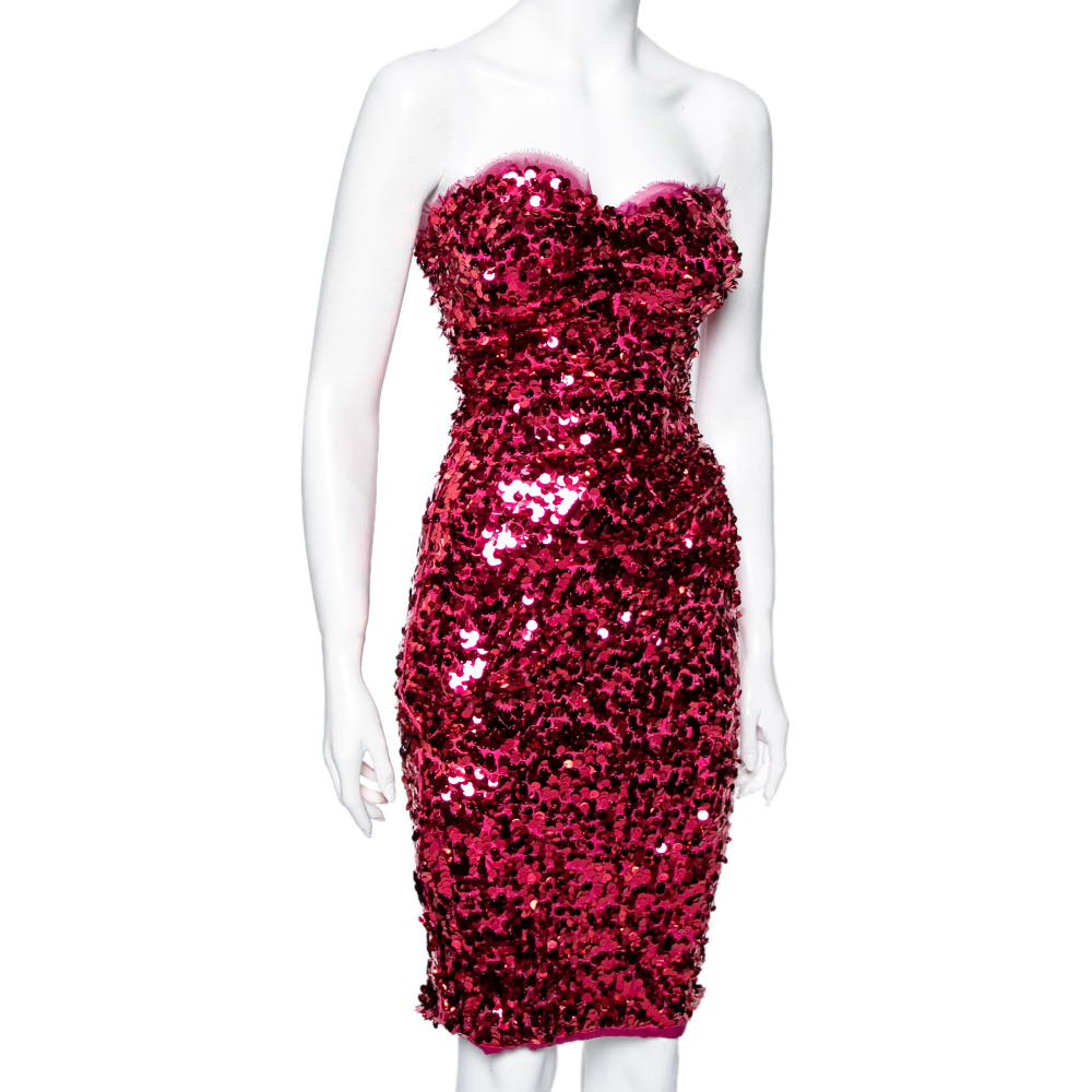 

Dolce & Gabbana Pink Sequin Embellished Ruched Strapless Dress, Metallic
