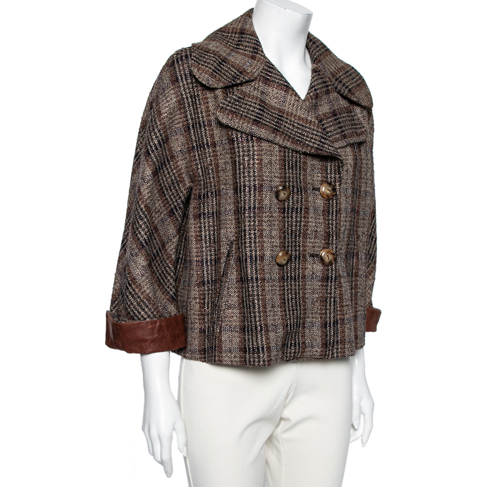 

D&G Brown Lurex Tweed & Leather Trimmed Double Breasted Blazer