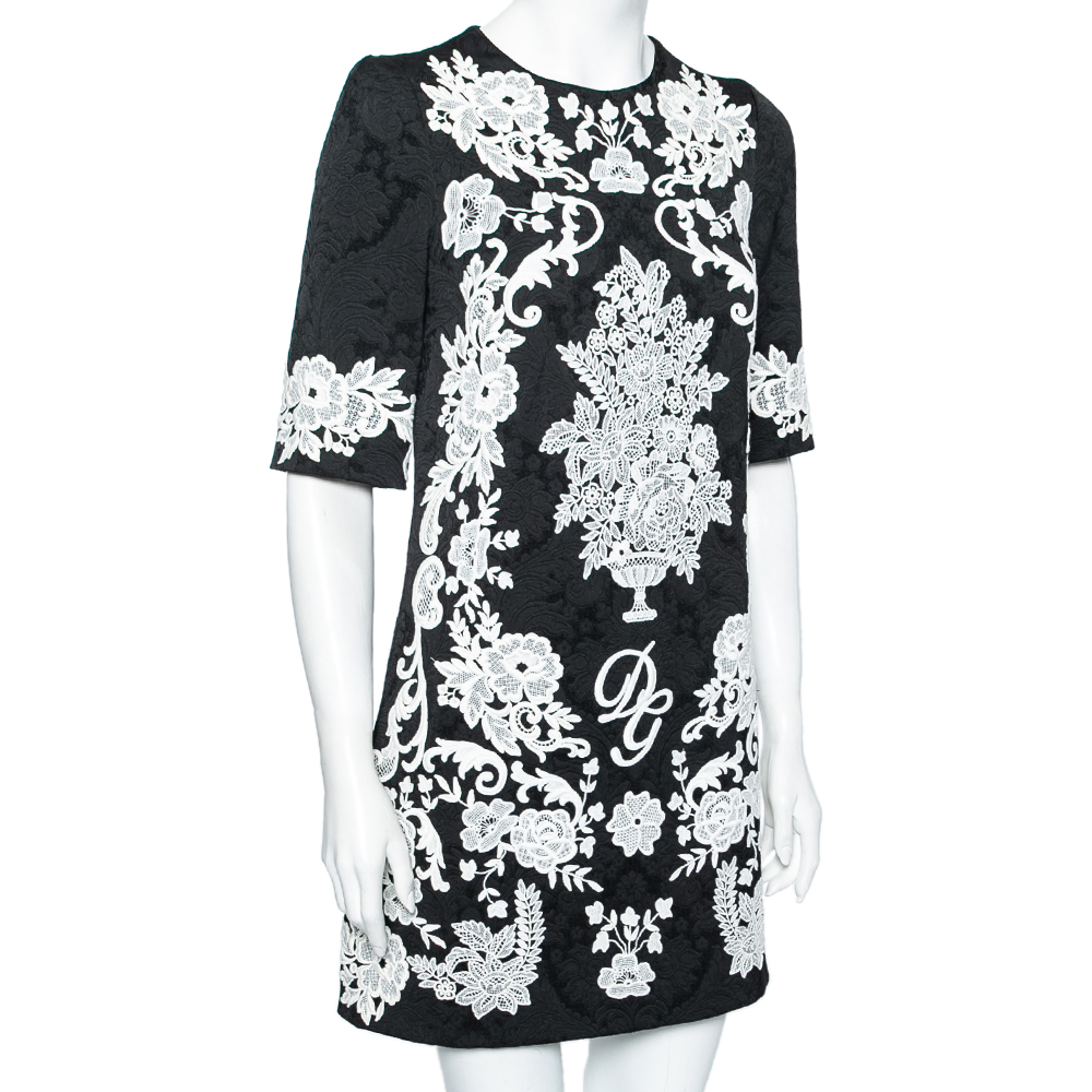 

Dolce & Gabbana Monochrome Floral Jacquard & Lace Embroidered Shift Dress, Black