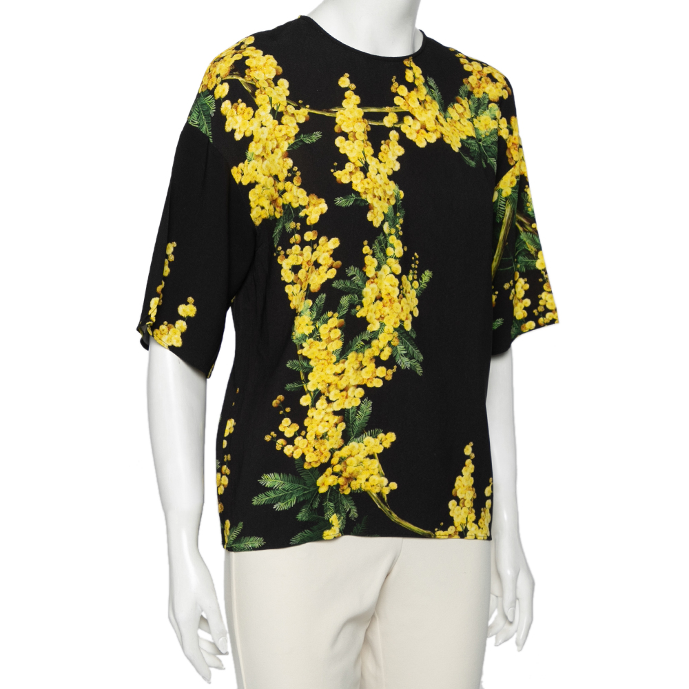

Dolce & Gabbana Black & Yellow Floral Printed Crepe Blouse