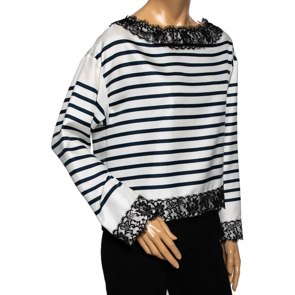 

Dolce & Gabbana White & Blue Striped Silk Lace Trimmed Blouse
