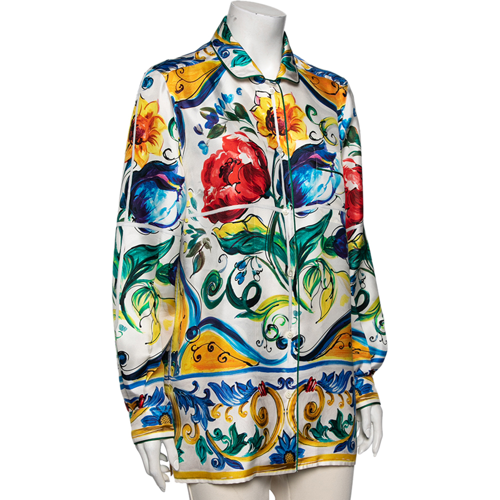 

Dolce & Gabbana Multicolored Majolica Printed Silk Button Front Pajama Shirt, Multicolor