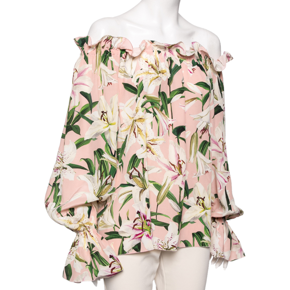 

Dolce & Gabbana Pink Lily Printed Silk Ruffled Off Shoulder Top