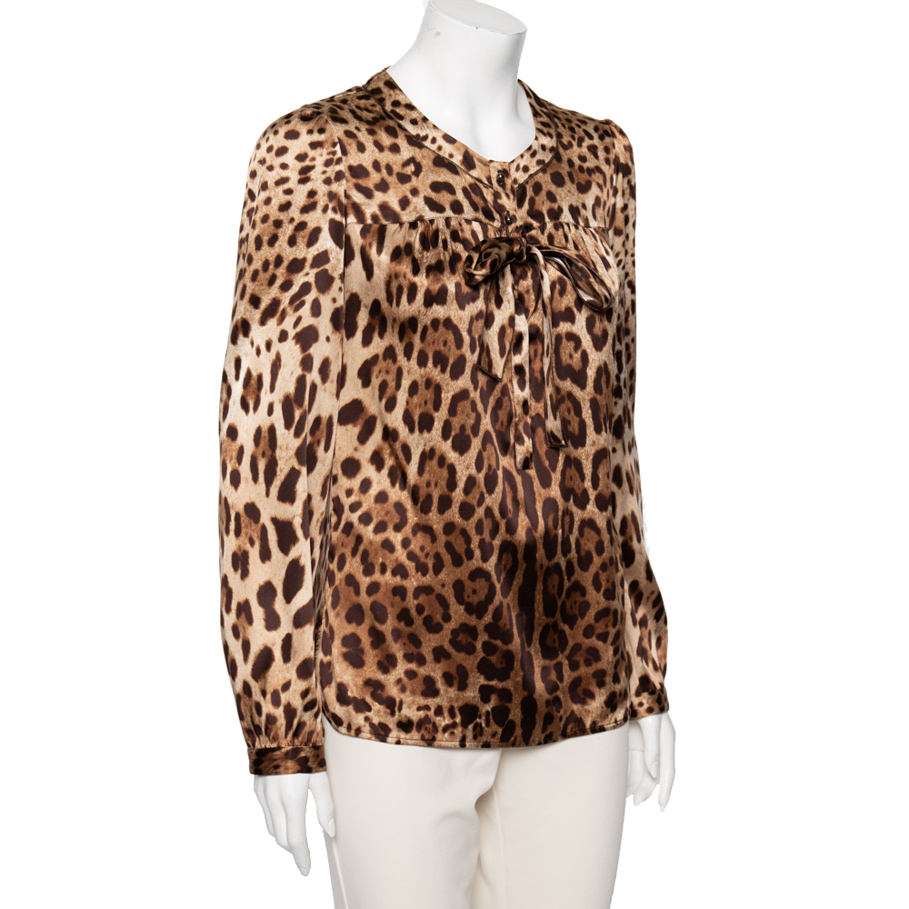 

Dolce & Gabbana Brown Leopard Print Silk Bow Tie Top
