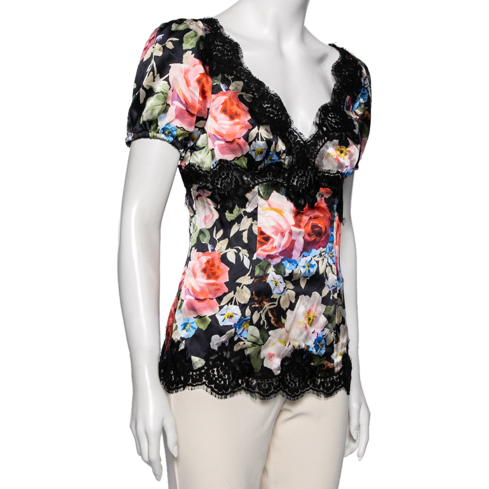 

Dolce & Gabbana Black Floral Printed Silk Top