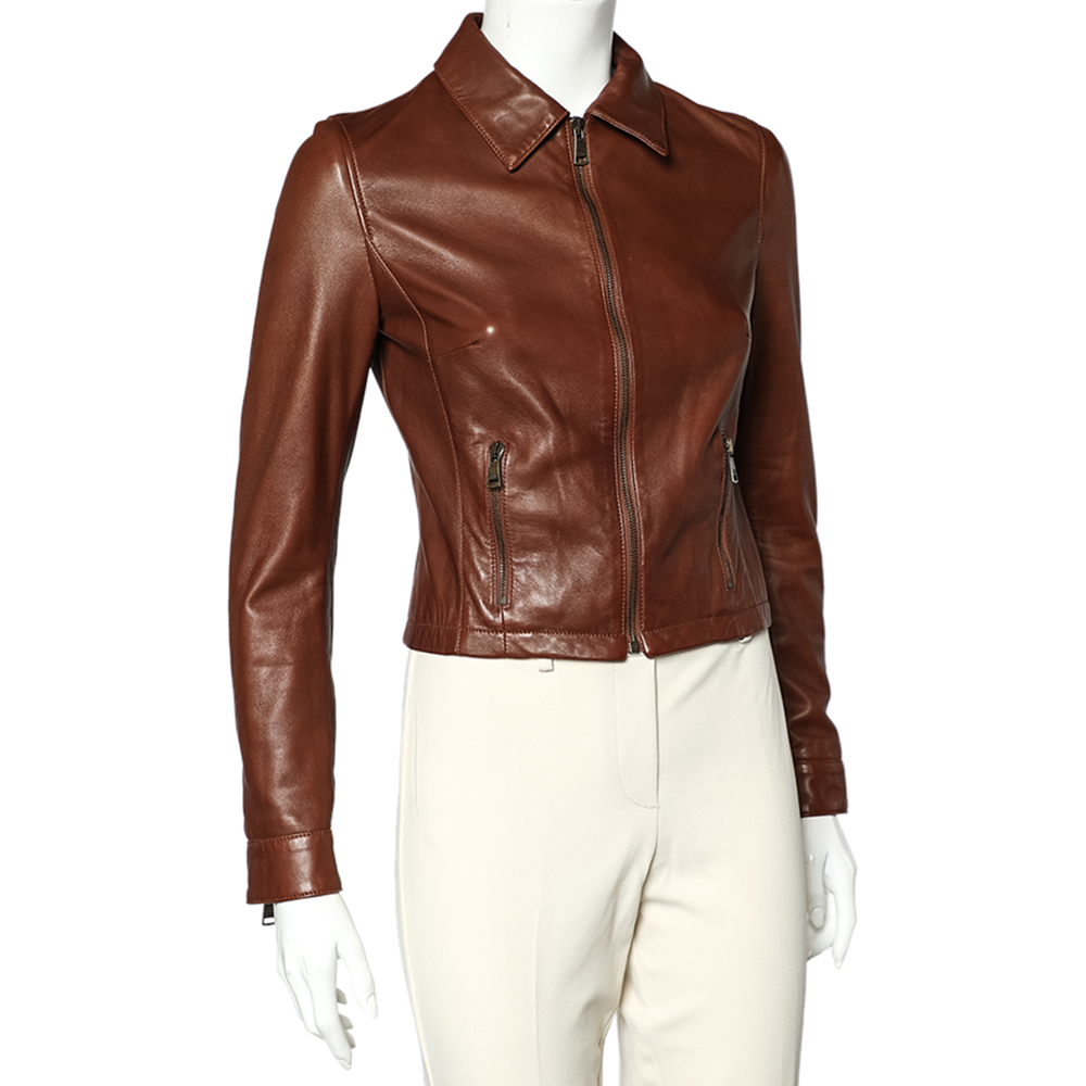 

Dolce & Gabbana Brown Leather Zip Front Cropped Jacket