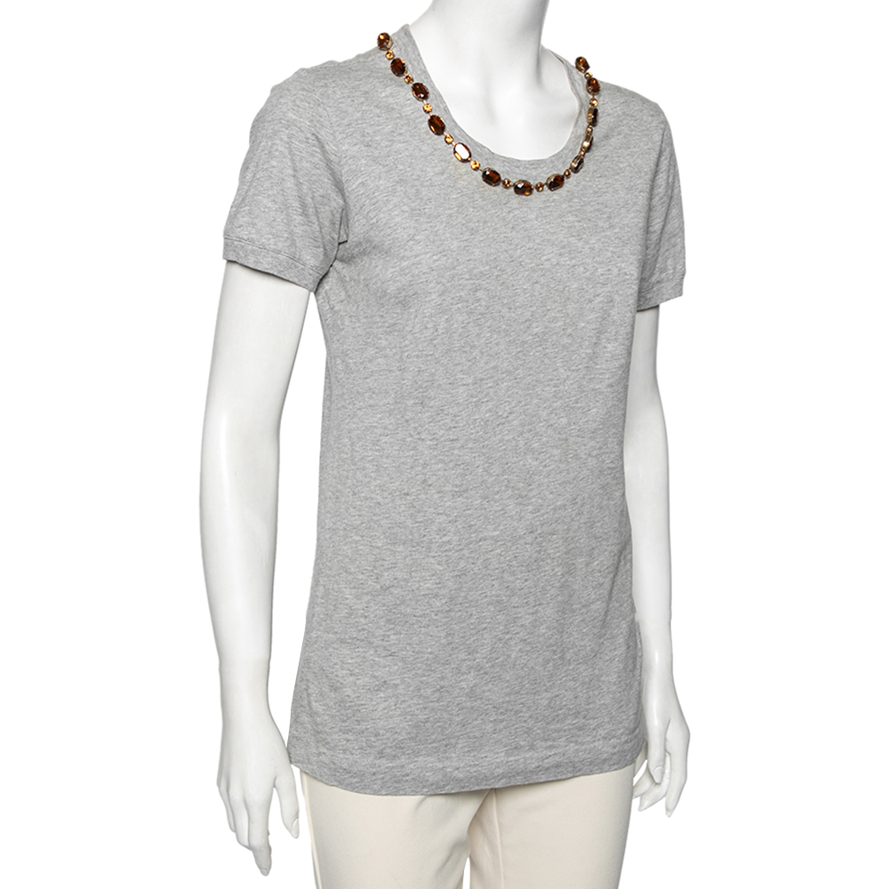 

Dolce & Gabbana Grey Cotton Crystal Embellished Neckline Top