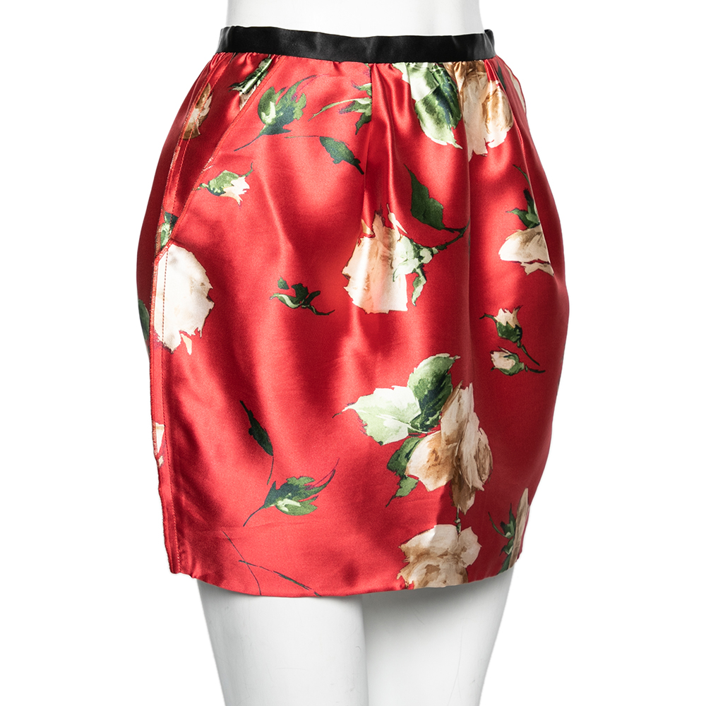 

Dolce and Gabbana Red Floral Printed Silk Mini Skirt