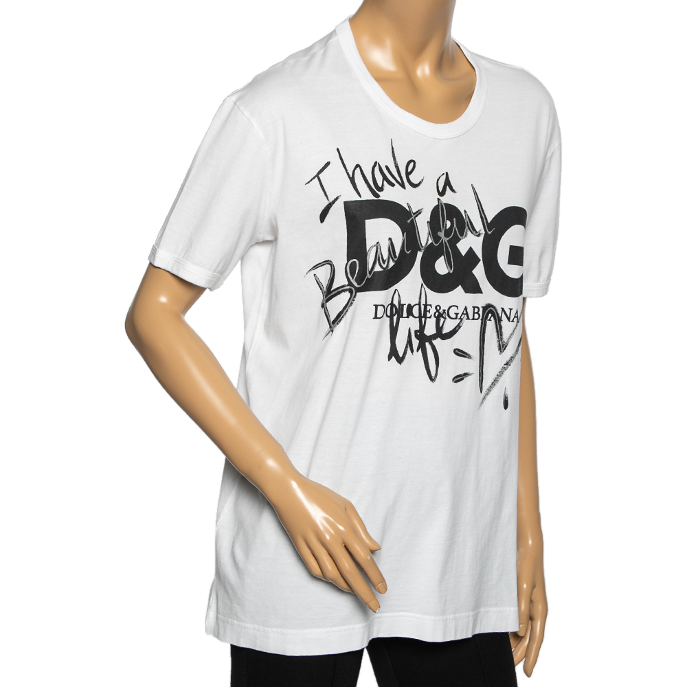 

Dolce & Gabbana White I Have A Beautiful Life Printed Cotton Round Neck T-Shirt