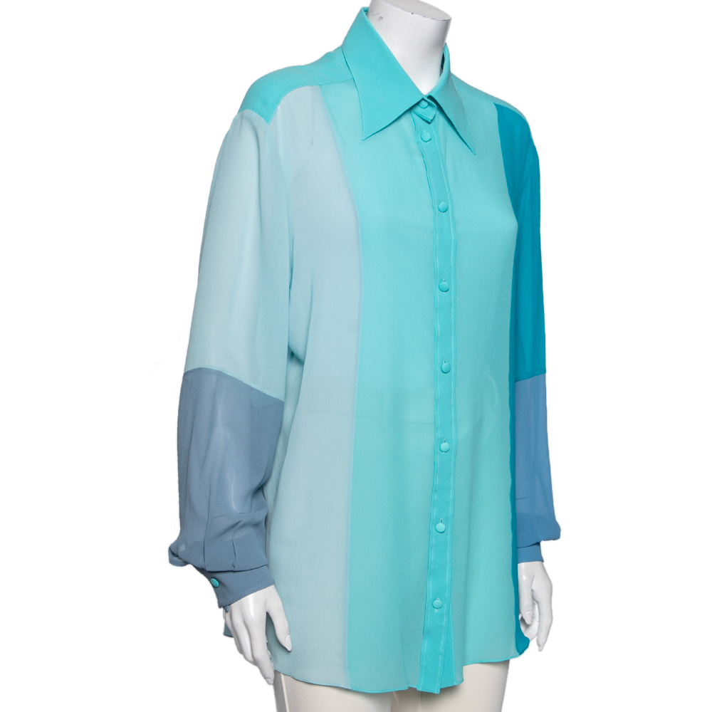 

Dolce & Gabbana Blue Silk Color Block Long Sleeve Shirt