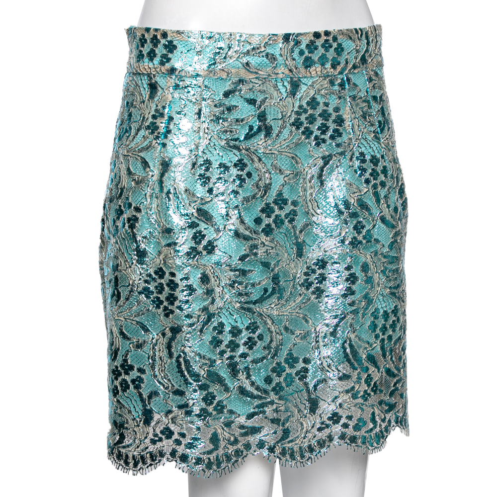 

Dolce & Gabbana Metallic Blue Floral Lace Mini Skirt