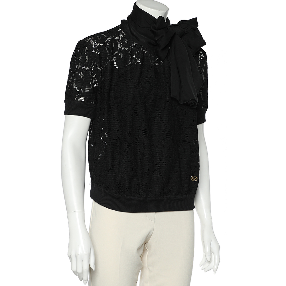 

Dolce & Gabbana Black Lace & Silk Neck Tie Detail Top