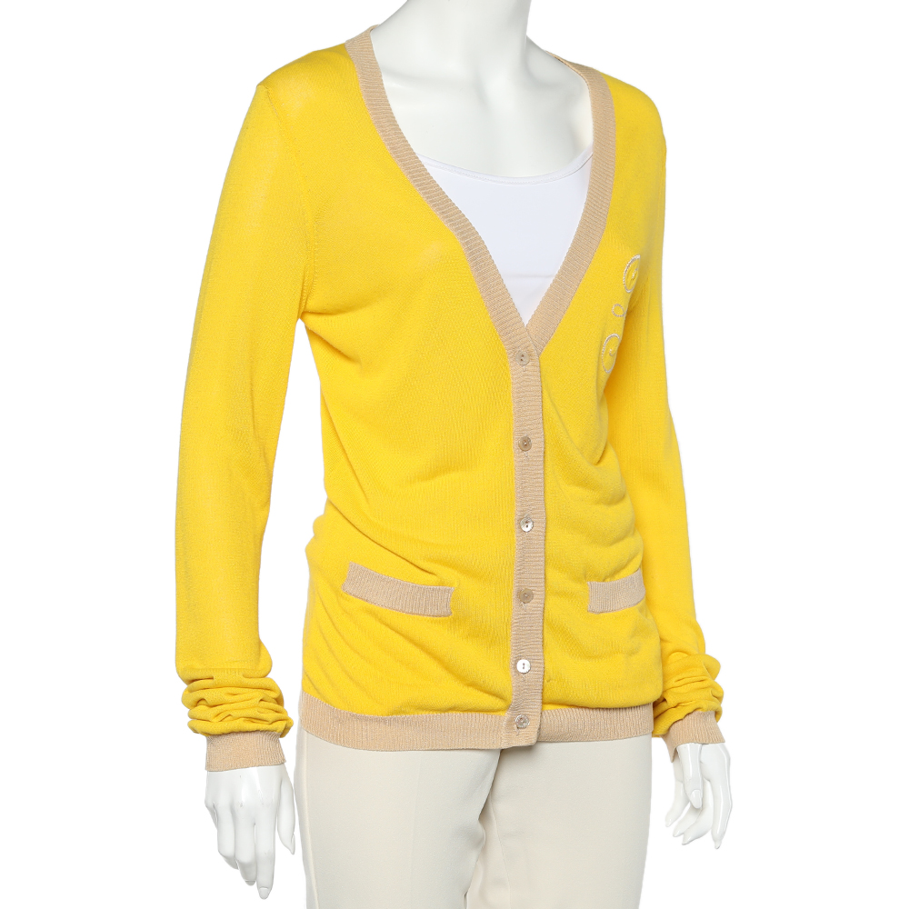 

Dolce & Gabbana Yellow Logo Embroidered Cotton Knit Button Front Cardigan