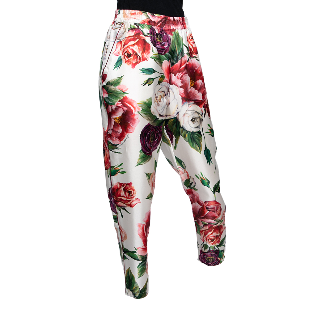 

Dolce & Gabbana White Peony Printed Silk Pajama Pants