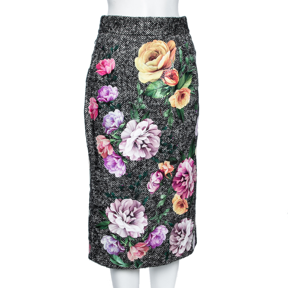 

Dolce & Gabbana Monochrome Knit Floral Laser Cut Pencil Skirt, Black