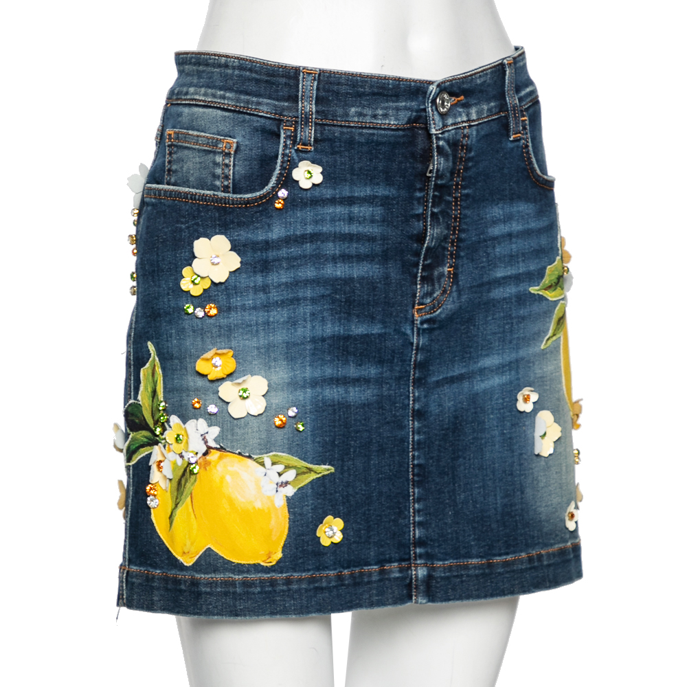 

Dolce & Gabbana Blue Denim Lemon and Floral Applique Skirt