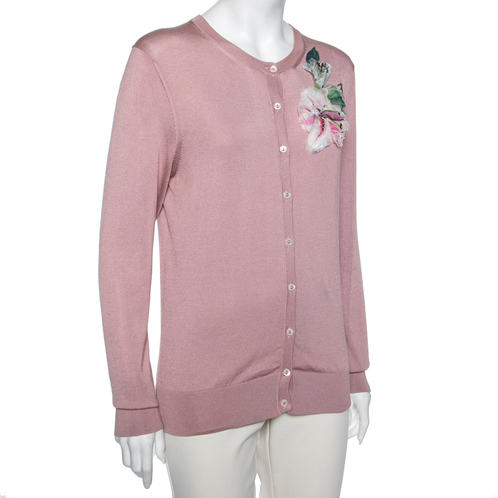 

Dolce & Gabbana Pink Knit Floral Applique Long Sleeve Cardigan