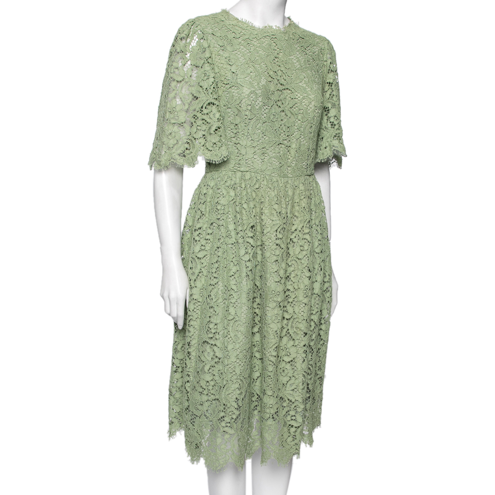 

Dolce & Gabbana Green Floral Lace Flared Dress