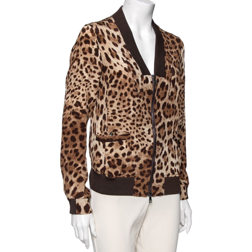 

Dolce & Gabbana Brown Animal Printed Silk V-Neck Zip Front Bomber Jacket